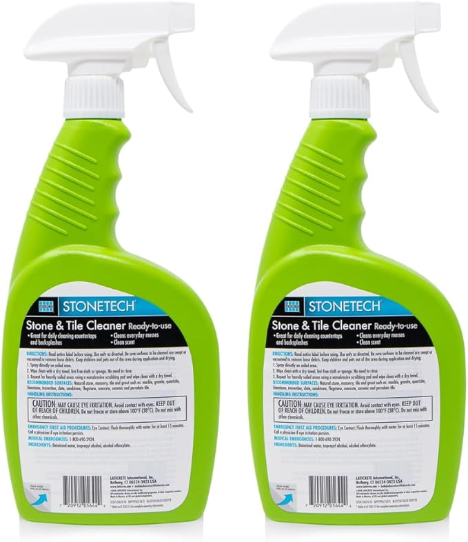 StoneTech Stone & Tile Cleaner Spray – Daily Cleaner for Granite, Marble, Ceramic, Porcelain & Stone – Removes Spills, Dirt & Grease – pH Neutral - 2-Pack, 24oz each + 2 Microfiber Cloths