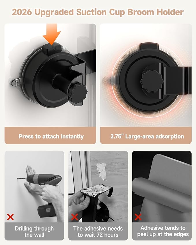 2026 Upgrade Broom Holder Wall Mount with Suction Cup, Broom and Mop Organizer Wall Hanging with 4 Racks & 3 Hooks, Removable and Reusable, Mop and Broom Hanger for Home Kitchen Laundry