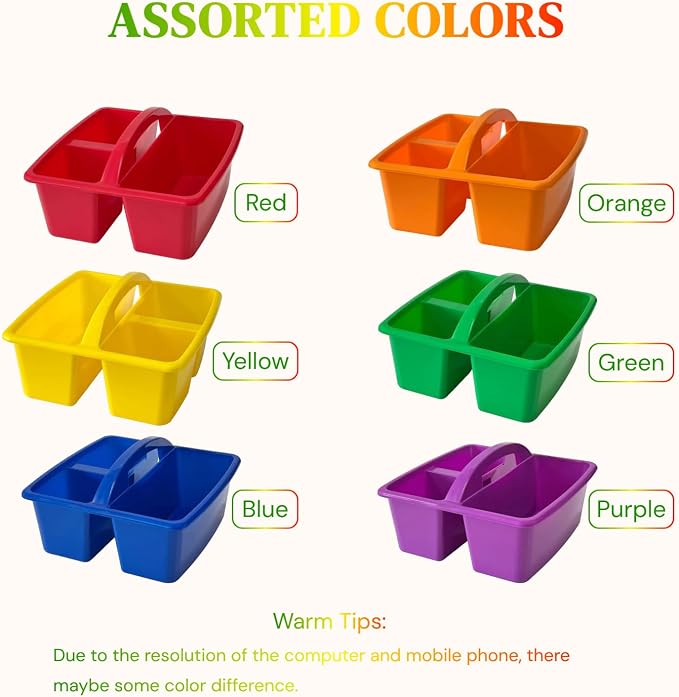 RAUVOLFIA Set of 6 Classroom Caddy, Small Plastic Storage Caddy with Handle for Classrooms, Home and Office Organization, 3 Compartment (Rainbow)