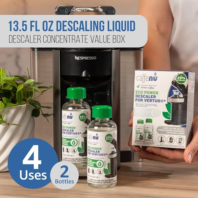 Nespresso Compatible Descaling and Cleaning Kit. 2 Bottles of Nespresso Vertuo Descaler Solution. 4 Cleaning Pods