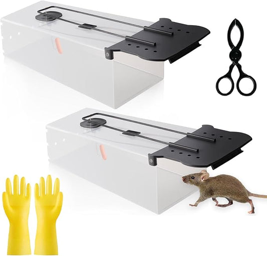 2 Packs Humane Rat Trap - Live Mouse Traps Humane for Indoor & Outdoor Use, Easy to Catch & Release Rats & Mice, Reusable Rodent Trap with Gloves and Forceps for Home, Yard, Garage (9.37*5.2*3.74in)