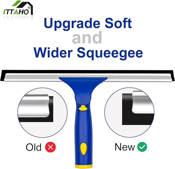 ITTAHO Window Squeegee Cleaner Tool,Window Cleaning Kit with Extension Pole,12" Squeegee and 11" Microfiber Scrubber Combi,Window Washing Equipment for Car, Indoor,Outdoor, High Windows-2 Pads