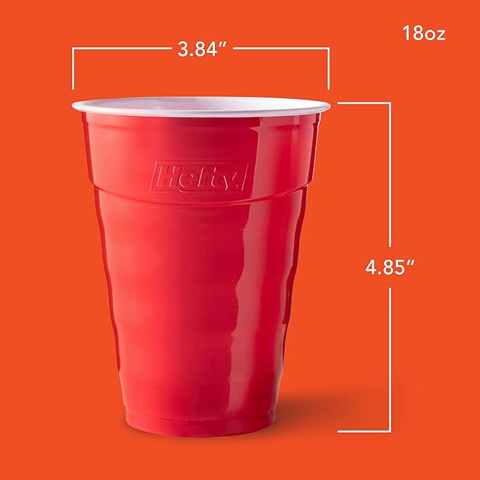 Hefty Party On Disposable Plastic Party Cups, 30 Count, 18 Oz Red Cups for Parties, Tailgates, Birthdays, Holidays, and More, Contoured Shape for Easy Gripping, Strong and Durable