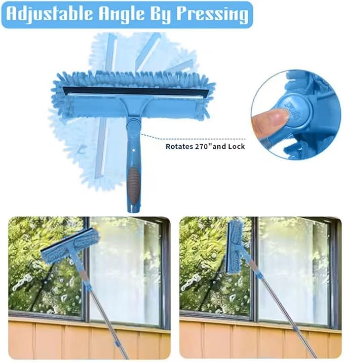 Window Squeegee Cleaner Kit - 2-in-1 Rotatable Window Cleaning Tool with Extension Pole, Professional Streak-Free Squeegee with Bendable Head for Indoor/Outdoor Windows & Car Glass (Blue, 38.45FT)