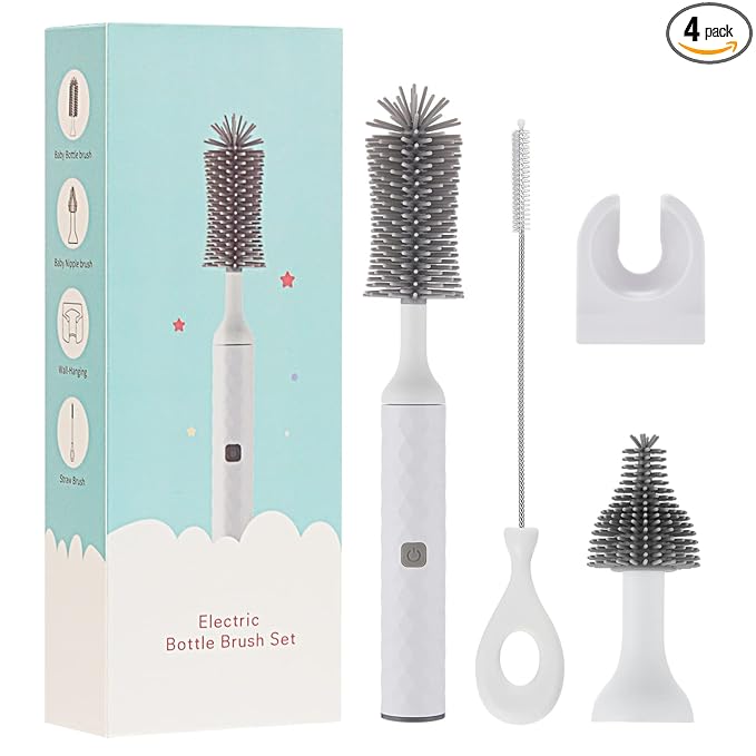 Bottle Brush Cleaner Electric with Electric Brush,Silicone Baby Bottle/Nipple Brush Replacement,Straw Cleaner Brush, Wall Mount,Rechargeable&Waterproof Water Bottle Cleaner Brush, White