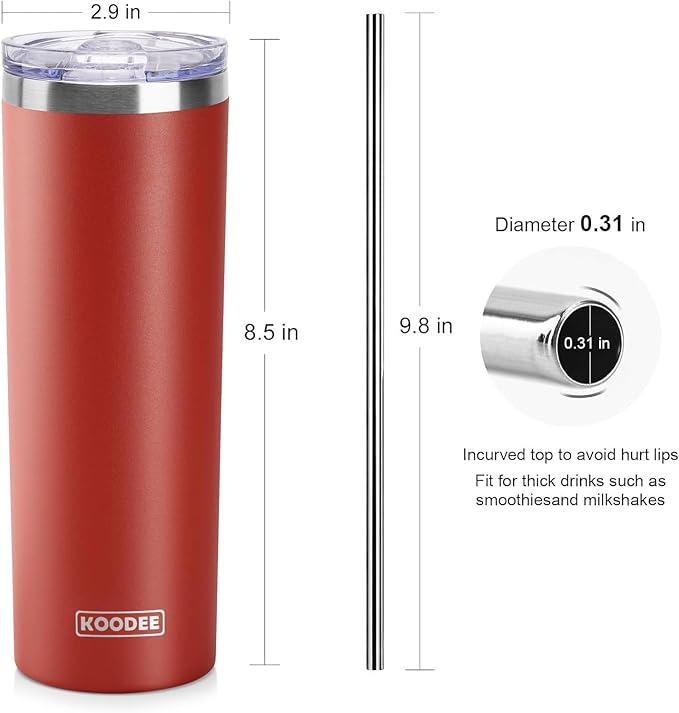 koodee 20 oz Skinny Tumbler with Straw, Stainless Steel Double Wall Insulated Slim Tumbler for Women/Men Diy Birthday Gift (Wine Red)