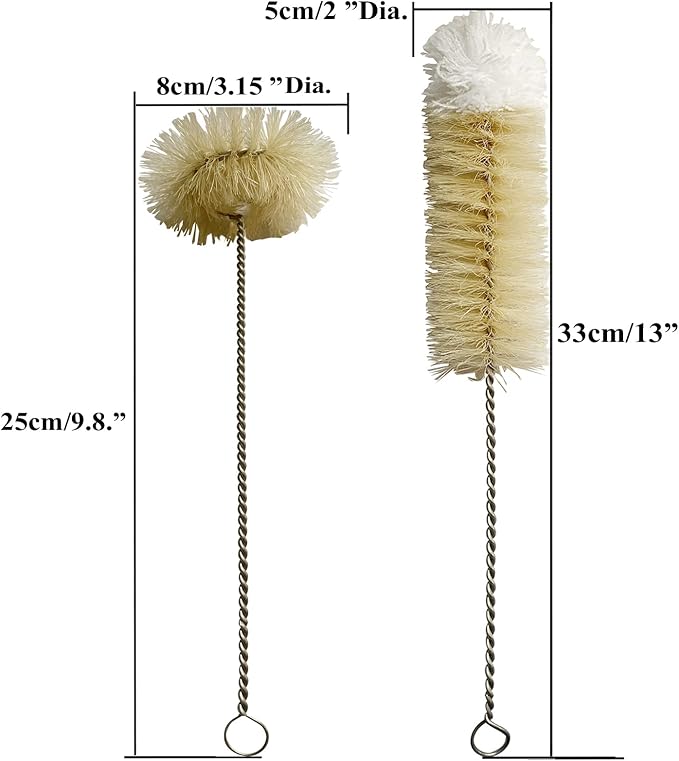 Bottle Brushes Thin Long Handle X 2, Skinny Wire Cleaner Set in Stainless Steel with Natural Boar Bristle at Wool Tip, Bendable Flexible for Cleaning Narrow Neck Bottles, Pipe, Tube, Hose