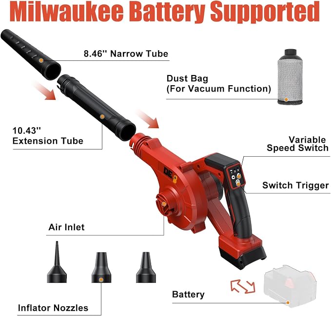 DeForce Electric Leaf Blower Cordless for Milwaukee Battery, 4 in 1 Blower/Vacuum/Inflator/Deflator, 3 Speed Modes, 190 MPH, 3 Nozzles, 2 Tubes, Battery Powered Blowers for Lawn Care(No Battery)