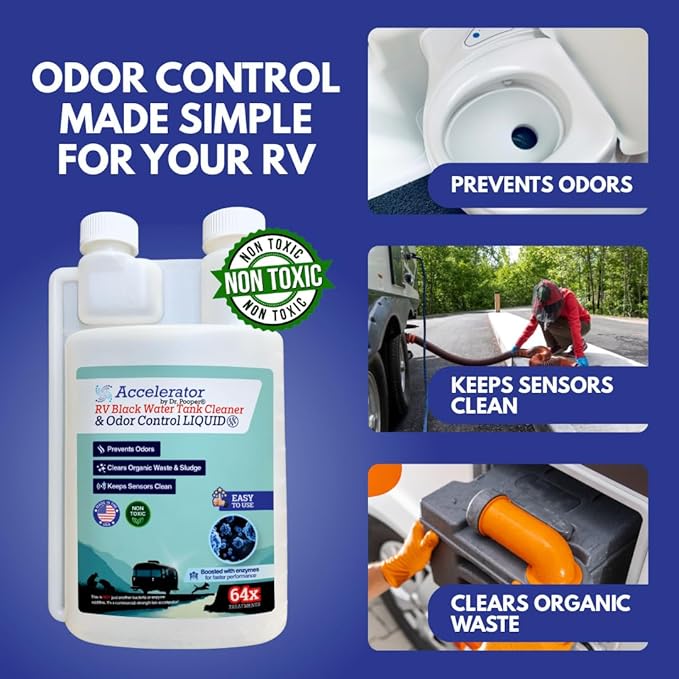 RV Black Water Tank Cleaner & Odor Control Liquid by Dr. Pooper® – Accelerator Bio-Formula | 64 Treatments | Enzyme-Boosted, Non-Toxic, Prevents Odors, Clears Waste & Keeps Sensors Clean | Made in USA