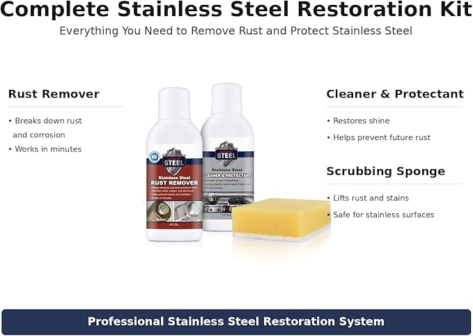 CLEAN MY STEEL Stainless Steel Rust Remover and Protector Kit, NSF Certified, 4 oz, Includes B570 Rust Remover, B580 Cleaner and Protector, Sponge and Gloves
