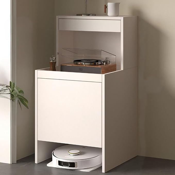 Robot Vacuum Stand Cabinet,Storage Cabinet with Doors and Drawers for Robot Vacuum Cleaner,Wood Bathroom Cabinet,Side Table for Living Room, Home Office(White,H100cm/39.3in)