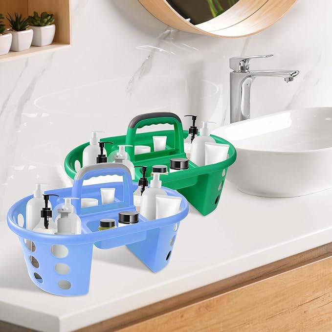 SIMPLYKLEEN Large Shower Caddy Portable 2PC - Made in USA Plastic Jumbo Size Dorm Storage Candy Tote with Handle Shower Organizer for Bathroom, Pantry, Kitchen, College Dorm, Green/Periwinkle