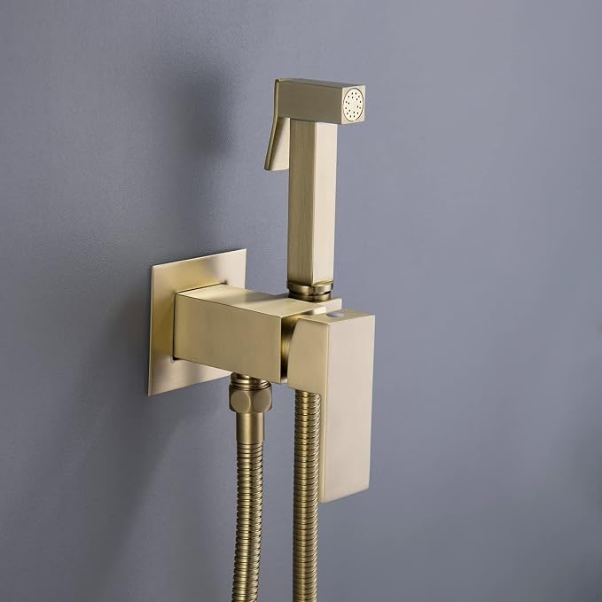 Handheld Bidet Sprayer Head Warm Water Mixing Kit Brushed Gold Brass | Square Bidet Hand Held Sprayer Shattaf Bathroom Attachment for Toilet with Concealed Hot and Cold Mixing Valve