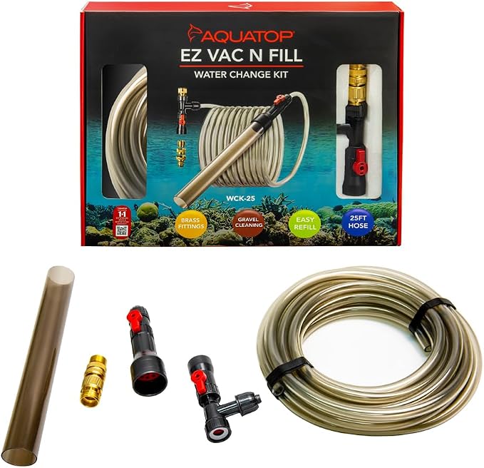 Aquatop EZ Vac-N-Fill 25Ft Aquarium Vacuum & Refill Kit – WCK-25 – Long Reach Gravel Cleaner with Brass Adapters – Simplifies Tank Maintenance & Refills
