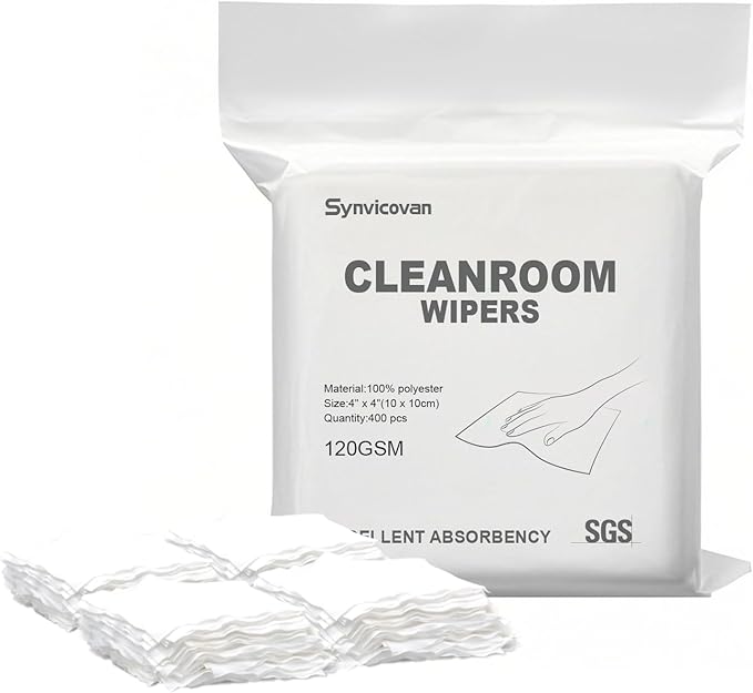 Cleanroom Wipers 4"x4"(400 Pcs, 100% Polyester, Class 100, 120GSM) Double Knit 100% Lint Free Cloths with Ultra-fine Filaments, Laser Sealed Edge Ultra-Soft Wipers