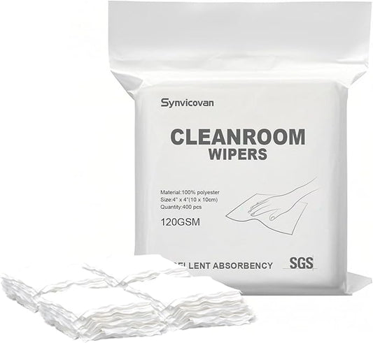 Cleanroom Wipers 4"x4"(400 Pcs, 100% Polyester, Class 100, 120GSM) Double Knit 100% Lint Free Cloths with Ultra-fine Filaments, Laser Sealed Edge Ultra-Soft Wipers