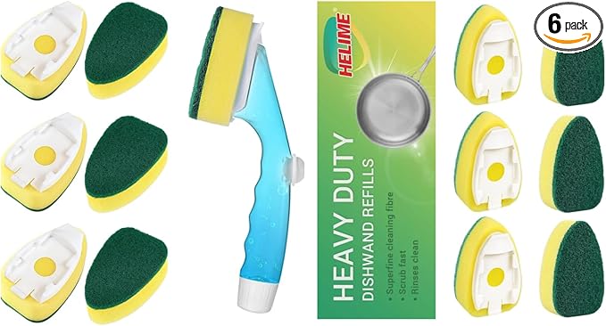 Non Scratch Dishwand Refills Handle, Dish Wand Refill Pack, 6 Heavy Duty Replacement Sponge Heads Set, Soap Dispenser Scrubbers, Dishwashing Scrub Dispensing Brush Pads, Dishwasher Cleaning Tool kit