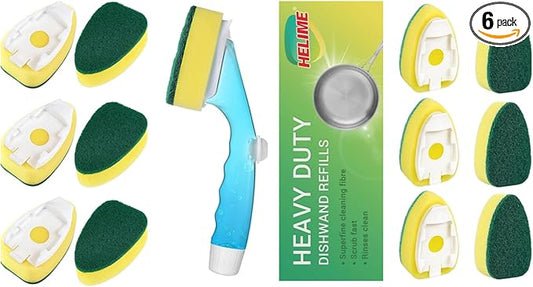 Non Scratch Dishwand Refills Handle, Dish Wand Refill Pack, 6 Heavy Duty Replacement Sponge Heads Set, Soap Dispenser Scrubbers, Dishwashing Scrub Dispensing Brush Pads, Dishwasher Cleaning Tool kit