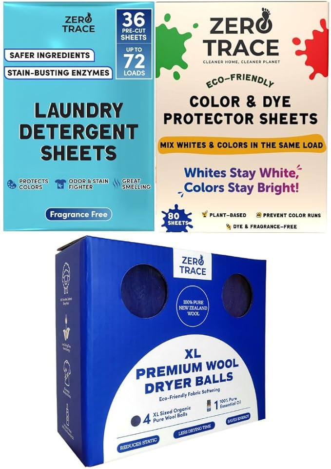 Zero Trace Fragrance Free Laundry Sheets with Color Catcher and Dryer Wool Balls Bundle