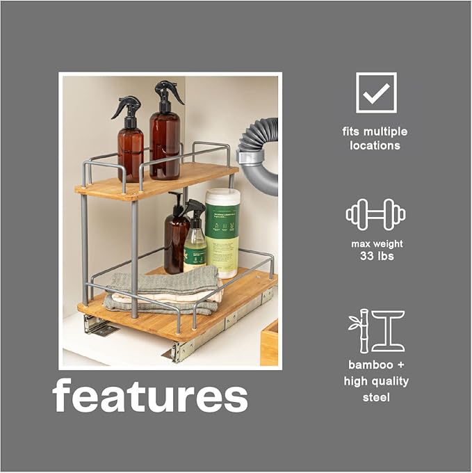 Household Essentials Glidez Steel and Bamboo Pull-Out/Slide-Out Storage Organizer for Under Sink or Cabinet Use - 2 -Tier Design - Fits Standard Size Cabinet or Shelf, Brushed Silver and Natural