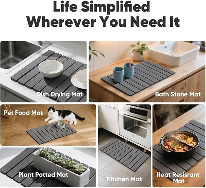 Stone Drying Mat for Kitchen Counter, Quick Diatomaceous Earth Mats for Dishes, 23.6"L x 15.7" W Super Absorbent Fast-Drying Collapsible Countertop Stone Mat (Dark Grey, 24" x 16")