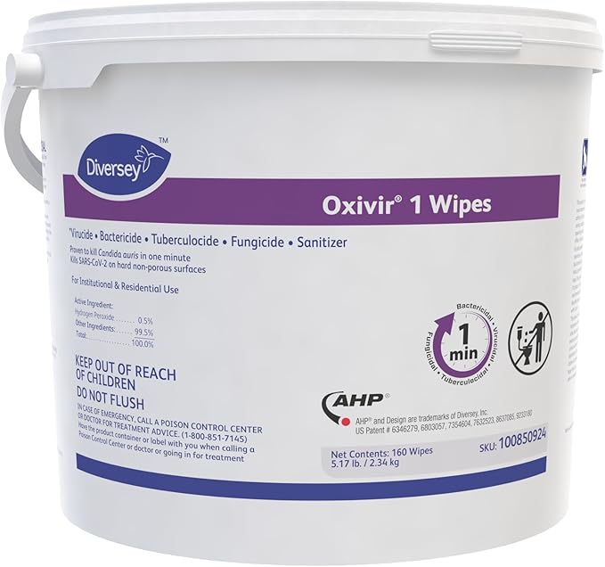 Oxivir Diversey 1 Disinfectant Wipes, AHP Hydrogen Peroxide Cleaner, Multi-Surface Cleaner for Home & Commercial Use, XLarge Wipes, 160 Count Bucket, Case of 4