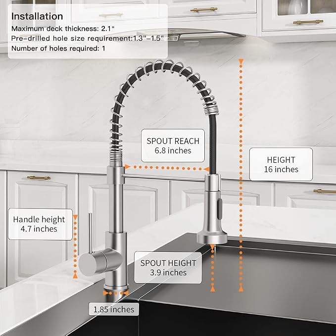 Kitchen Faucet with Pull Down Sprayer Industrial 1 Handle 1 Hole Or 3 Hole Faucet for Farmhouse Camper Laundry Utility Rv Wet Bar Sinks, Stainless Steel Brushed Nickel