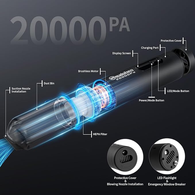 Handheld Cordless Car Vacuum, 5 in 1 Portable Mini Cordless Vacuum Cleaner 20000PA High Power for Car,Home, Pet Hair,Carpet