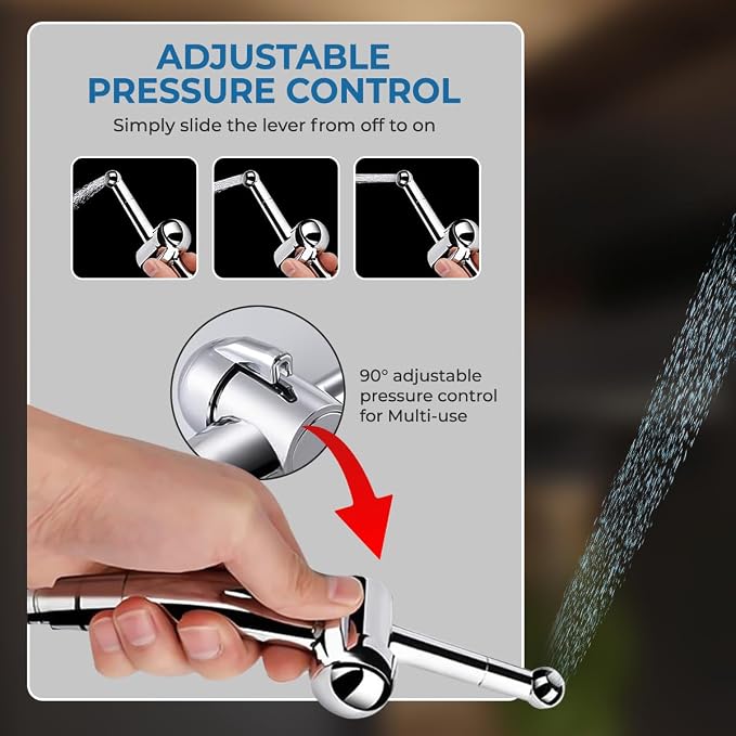 GenieBidet Sparkle Hand Held Bidet. Includes Hybrid T Adapter | Stainless Steel Toilet Hose Sprayer & Precision Knob/w Solid Brass Valve | Toilet Water Sprayer for All Toilets