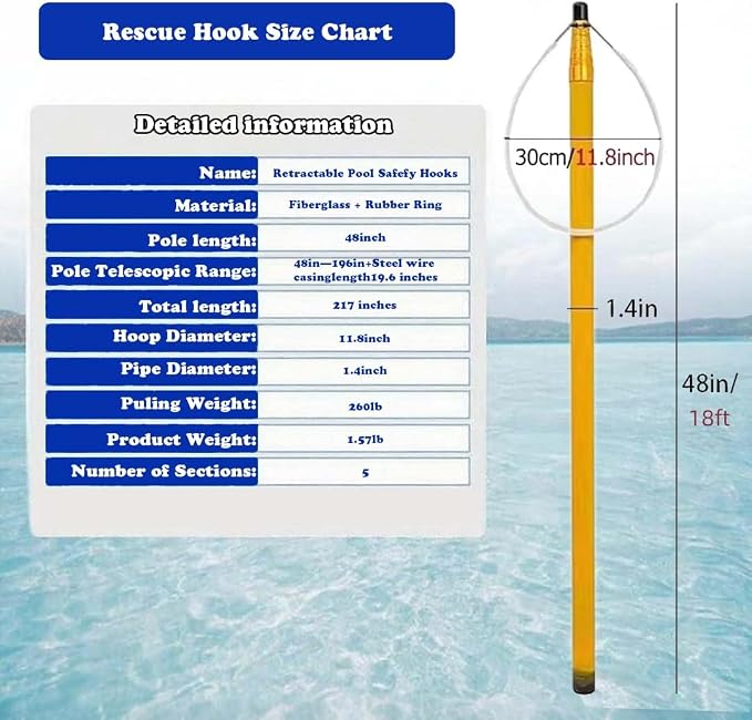 Telescopic Pool Rescue Hook with Pole,4ft-18ft Adjustable Duty Pool Pole,Adjustable Heavy Duty Fiberglass Telescoping Ring,Specialised Emergency Rescue Equipment for Drowning Victims ﻿ (217IN-Yellow)