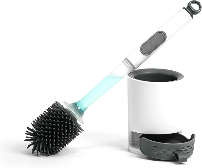 Silicone Toilet Brush and Holder Set, 1 Pack Bendable Toilet Scrubber for Curved Rim, Non-Scratch Drip-Resistant Brush with Sprayer, Space Saving Bathroom Essentials (1)