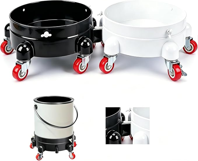 2Pcs 11 Inch Bucket Dolly, Removable Rolling Bucket Dolly, 5 Gallon Car, with 5 Heavy Duty Wheel Casters, 360°Rolling, Connectable, Locking, for Car Wash & Auto Detailing,Bearing 300lb,Black and White