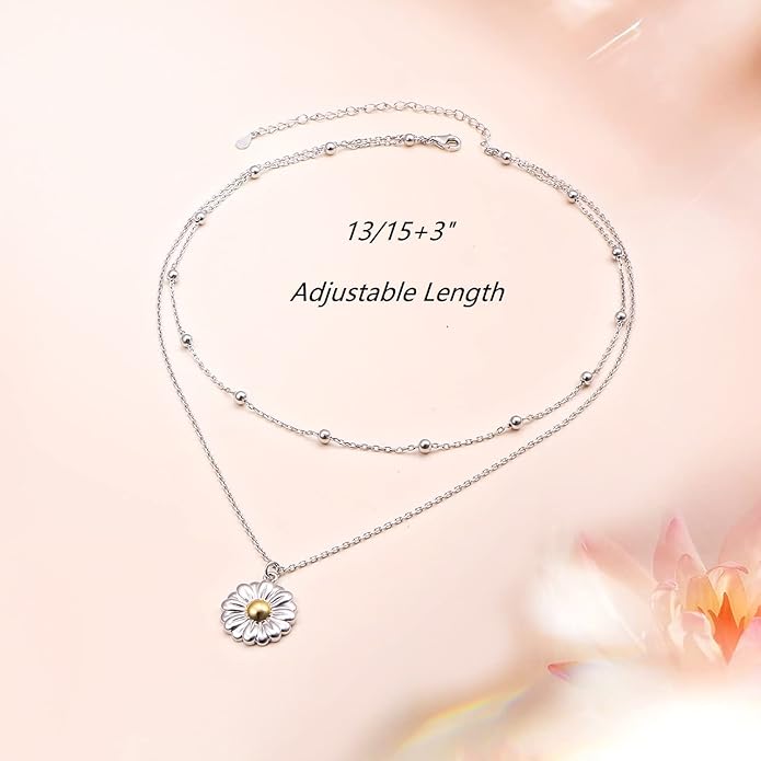 FLYOW Layered Choker Necklace S925 Sterling Silver Star Full Moon Daisy Flower Pendant Disc Jewelry Adjustable Clavicle Necklaces for Women Girls Birthday Gifts