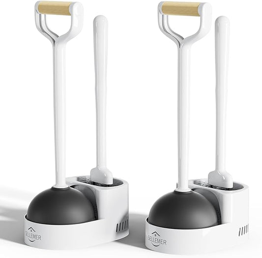 Sellemer 2 in 1 Toilet Brush and Plunger Set, Curved Design Head for Deep Clean, Heavy Duty Toilet Bowl Brush and Plunger Combo with Holder for Bathroom,White, 2 Pack