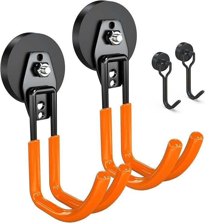 3-H Extra Strong Magnetic Hooks,Heavy Duty Large Anti-Slip Magnet Hooks J Shape,No-Drill Tool Holder for Garage,Power Drill,Garden Tools,Hose Storage,2 Pack Orange
