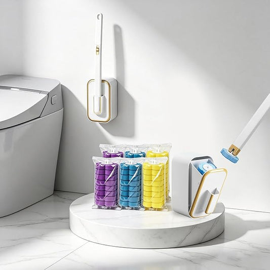 Disposable Toilet Brush Cleaning Kit with 48 Refill Heads, Holder & Storage Caddy, Wall-Mounted Toilet Bowl Wand Scrubber for Bathroom (Disposable Toilet Brush)