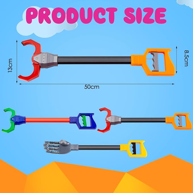 Lewtemi Interactive Grabber Claw Toy for Kids, 18 Inch Robot Arm Hand Claw Reacher Pickup Tool, Hand Eye Coordination & Fine Motor Skills Stem Toys Gift Pack for Boys Girls(Red, Blue, Gray,4 Pcs)