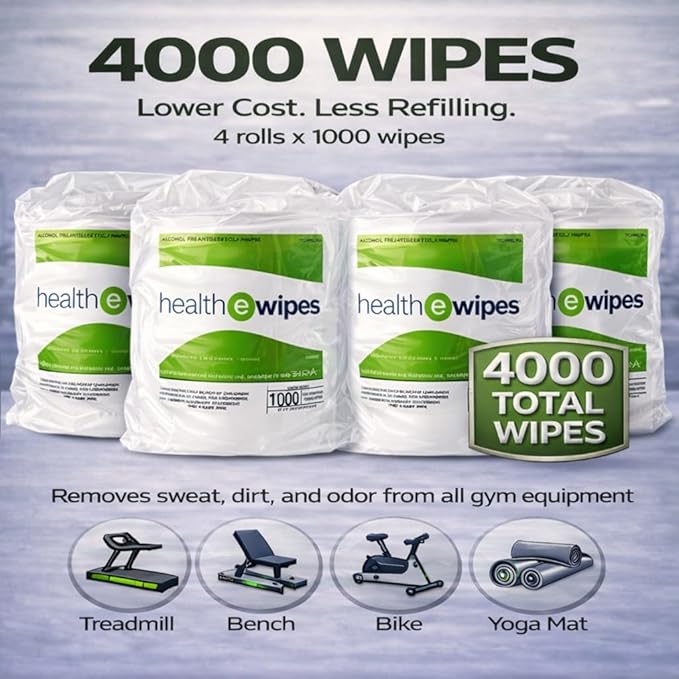 Gym Equipment Wipes – Antiseptic Gym Cleaning Wipes, 4000 Count (4 Rolls), Alcohol Free Bulk Sanitizing Fitness Wipes for Equipment, Gyms, Studios & Facilities | HealthEwipes