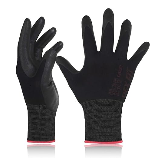 DEX FIT Nitrile Work Gloves FN330, 3D-Comfort Stretchy Fit, Firm Grip, Thin & Lightweight, Touch-Screen Compatible, Durable, Breathable & Cool, Machine Washable; Black XXL (11) 12 Pairs