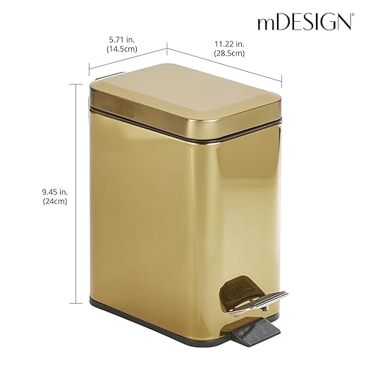 mDesign Slim Metal Rectangle 0.8 Gallon Trash Can with Step Pedal, Easy-Close Lid, Removable Liner - Narrow Wastebasket Garbage Container Bin for Bathroom, Bedroom, Kitchen, Office - Soft Brass
