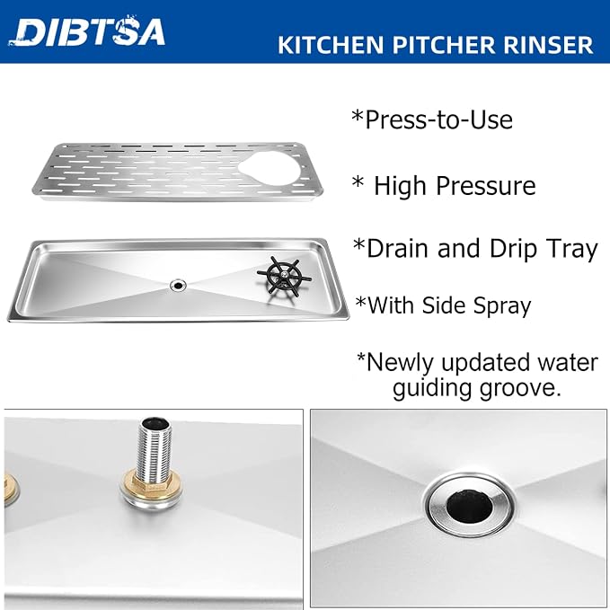 DIBTSA Pitcher Rinser,Stainless Steel Commercial Glass Washers, Countertop Bar Glass Rinser Sink, Extra Large Silver 25.59 x 8.43 x 1.18 inches