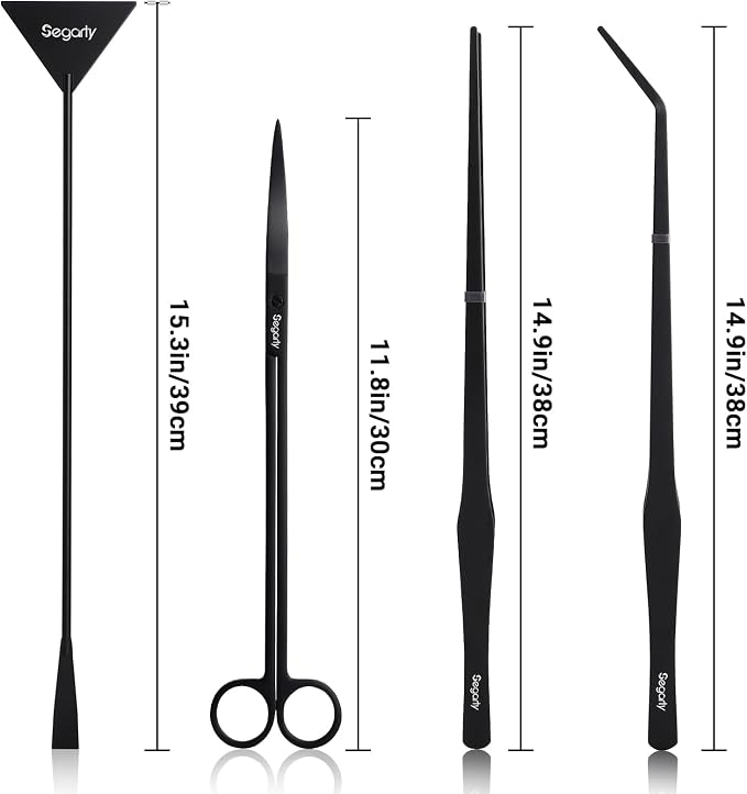 Segarty Longer Aquarium Aquascaping Tools, 4 in 1 Stainless Steel Black Aquarium Tools Kit for Aquatic Plant Fish Tank, Long Scraper Spatula Feeding Tweezers Curved Scissors Anti Rust Aquascape Set