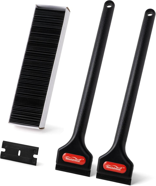 NEWISHTOOL 2 Pcs Long Handle Plastic Razor Blade Scraper With 100 PCS Spare Replacement Blades, Sticker Remover Glue Residue Tool for Hard to Reach Corner