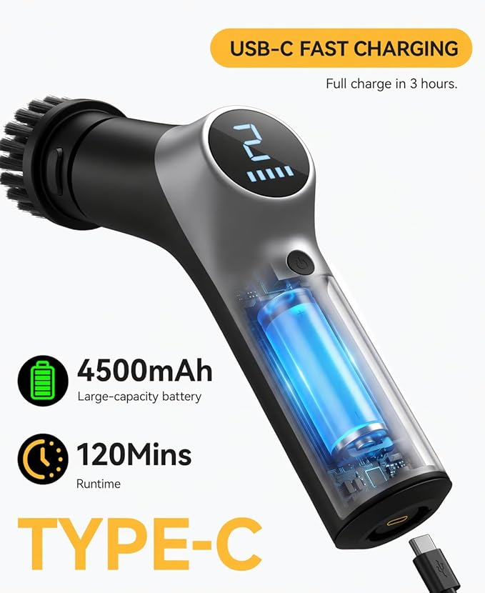 Electric Spin Scrubber,Power Shower Scrubber with 6 Replaceable Brush Heads,120 Mins Runtime Cleaning Brush with Adjustable Extension Arm with 6 Additional Spong scouring Fiber pad