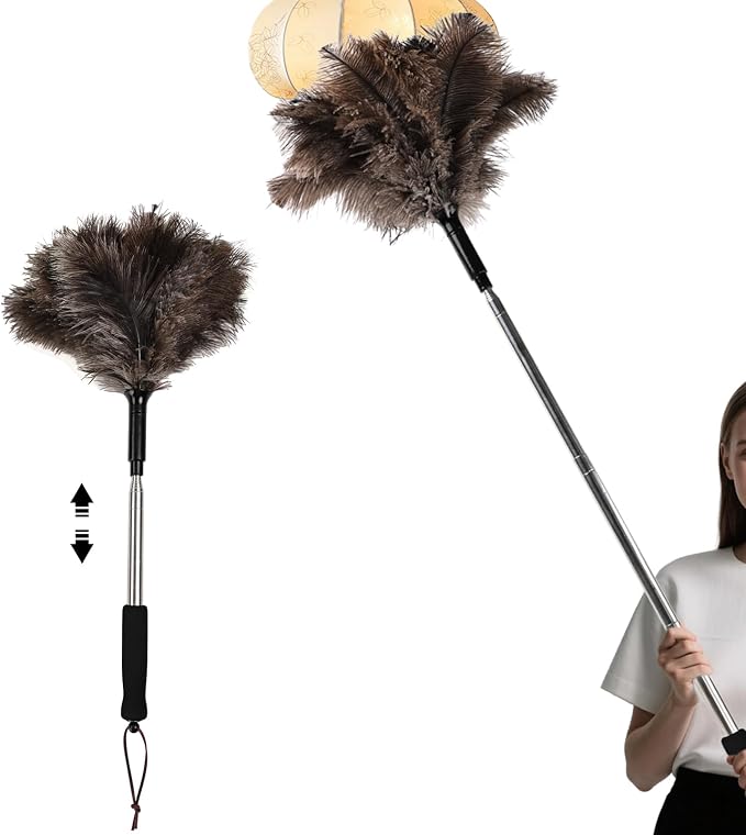 Telescopic Ostrich Feather Duster, 59-inch Naturally Fluffy Long-Handled Feather Duster, Soft, Durable and Reusable for Cleaning high Ceilings, Walls, Fans, Furniture and Blinds in The Home Office