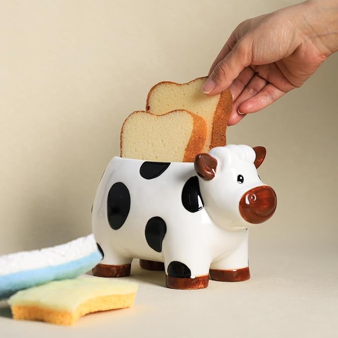 Ceramic Cartoon Cow Shape Sponge Holder for Kitchen Sink, Compact Sink Caddy Organizer, Sccouring Pad and Dish Sponge Holder