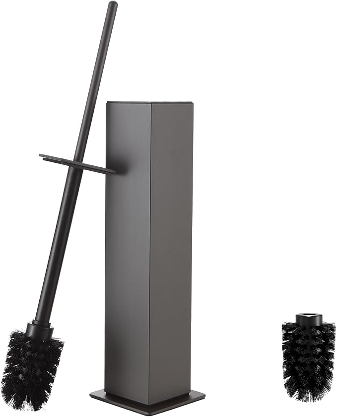 Toilet Brush and Holder Floor Standing, Gun Gray with 2 Replaceable Heads, Bathroom Toilet Brush, Freestanding Toilet Bowl Brush with Removable Liner and Splash Guard, Modern Square Design