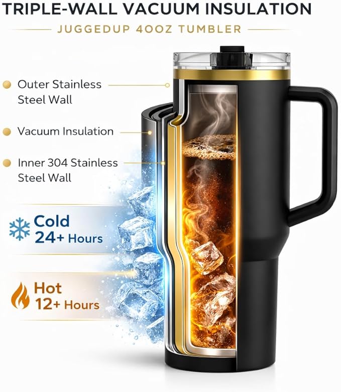 Hydra 40oz Insulated Stainless Steel Tumbler with Handle & Flip Straw Lid – Leak Proof Vacuum Travel Mug, Cup Holder Compatible, BPA Free – Onyx Gold