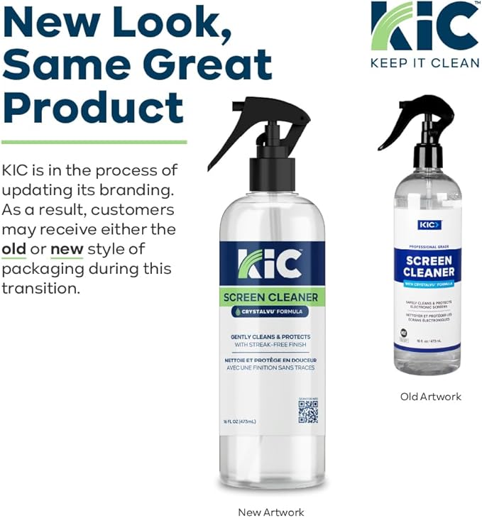 KIC CrystalVu Screen Cleaner Spray Kit with Microfiber Cleaning Cloth – Streak-Free for TV, Phone, Laptop, Monitor & Tablet – NSF Certified Safe Formula – 1 Reusable Microfiber Towel - 16oz