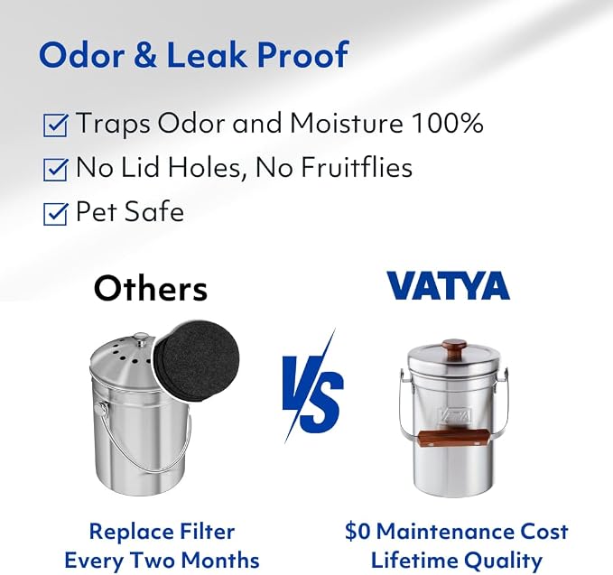 Vatya Stainless Steel Kitchen Compost Bin - NO Filter Countertop Composter, Composting Bucket, Counter Top Small Indoor Food Waste Container with Lid, Odorless Food Scrap Pail, Large 0.8 Gallon